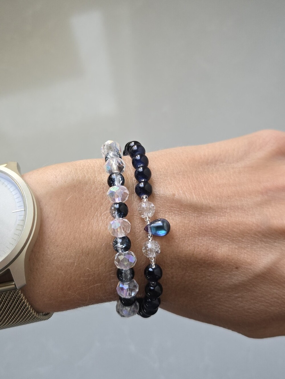 Handmade Crystal & Navy Glass And Stone Beaded Stretch Bracelet Set
